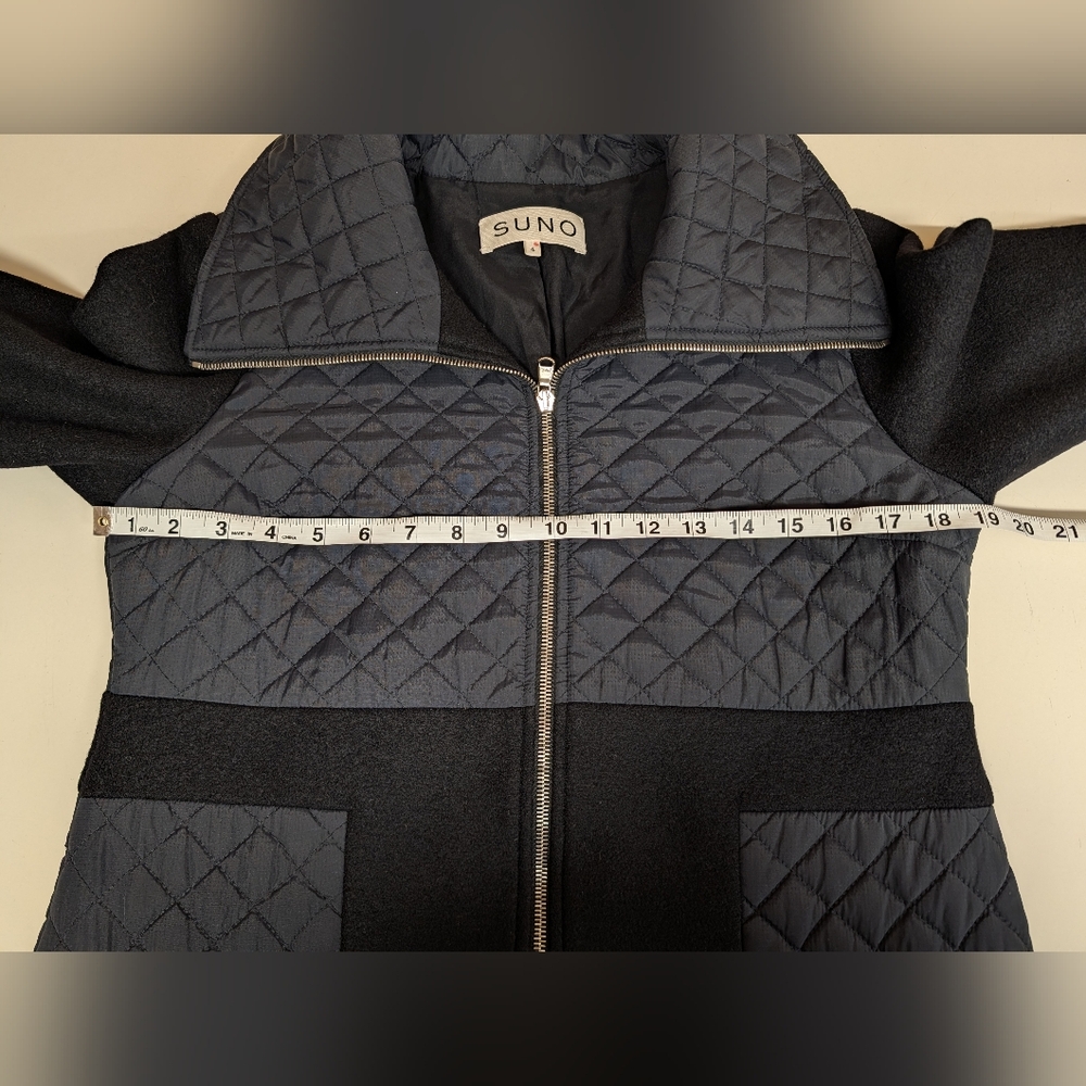 SUNO sz. 4 100% Wool 100% Silk Lined Coat Black Quilted Mixed Media Zip Front - Picture 11 of 13